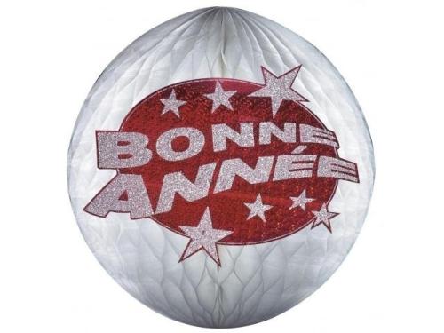 BOULE PAPIER DE 25 cm BONNE ANNEE BLANC/ROUGE
